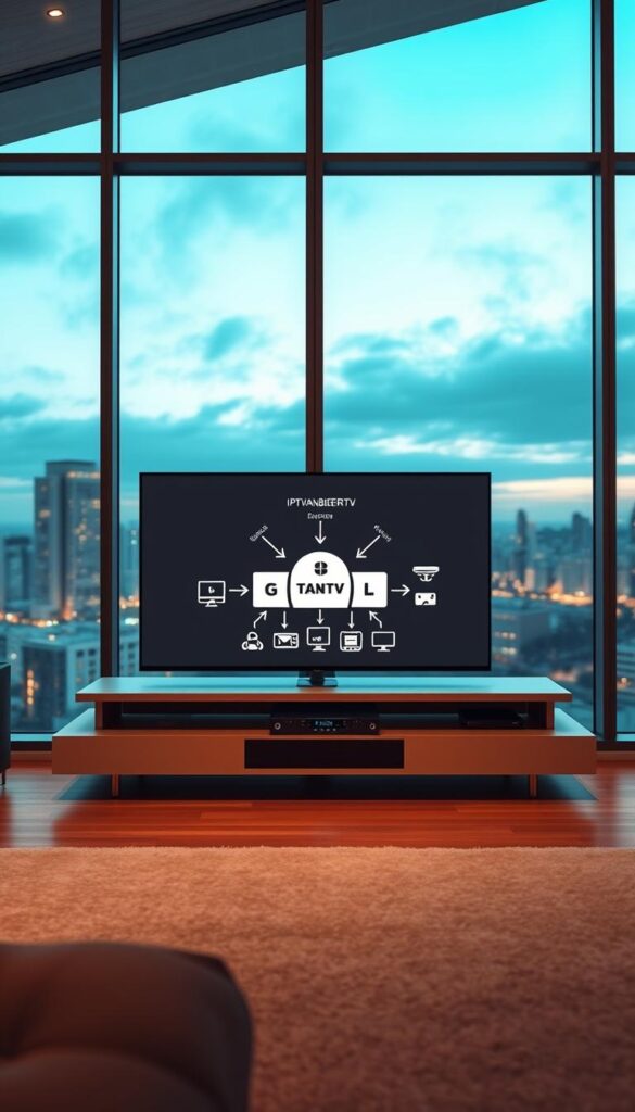 A sleek, modern interior with floor-to-ceiling windows overlooking a cityscape. In the center, a minimalist entertainment unit houses a state-of-the-art IPTVANBIETERTV device, its LED indicator softly pulsing. On the screen, a diagram illustrates the flow of digital content from internet service provider to the viewer's device, arrows guiding the eye through the IPTV ecosystem. Warm, directional lighting casts a cozy glow, while subtle camera angles and lens distortion create depth and a sense of technological sophistication. The overall impression is one of seamless, high-tech home entertainment.