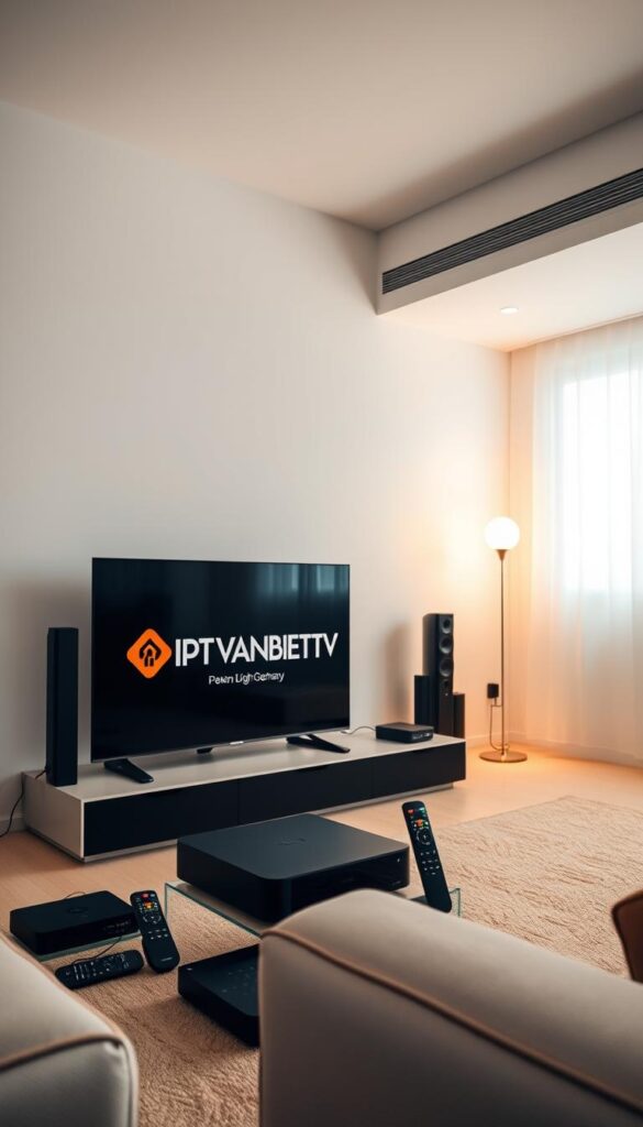 A sleek, modern interior with high-end entertainment equipment showcasing the IPTVANBIETERTV brand. Soft, warm lighting illuminates the scene, creating a cozy and inviting atmosphere. A large, high-definition TV takes center stage, surrounded by various streaming devices and remote controls. The room is minimalist in design, with clean lines and neutral tones, allowing the technology to be the focal point. The overall composition emphasizes the premium, user-friendly nature of the IPTVANBIETERTV service, capturing the essence of a leading streaming platform in Germany.