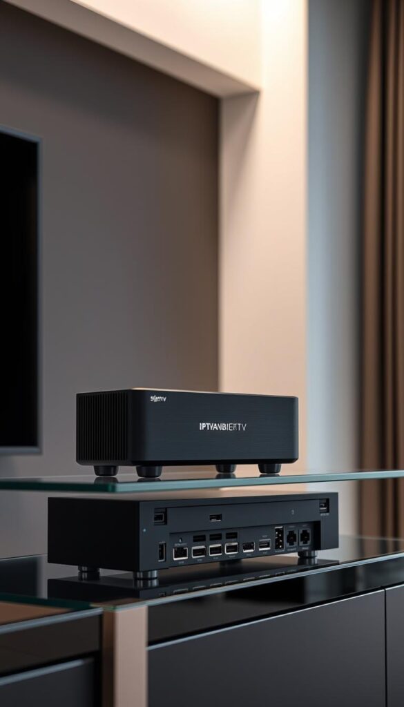 A sleek, modern international IPTV receiver with a premium matte black finish and a minimalist design. Perched atop a glass or steel entertainment unit, it effortlessly blends into a contemporary living room setup. The receiver's front panel features a discreet IPTVANBIETERTV logo, while the rear sports an array of high-speed connectivity ports. Soft, diffused lighting from above casts a warm glow, highlighting the receiver's clean lines and premium build quality. The scene evokes a sense of technological sophistication and the promise of endless global entertainment at your fingertips, courtesy of the receiver's lifetime subscription.
