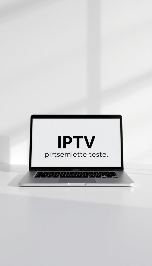 A sleek, modern laptop screen displaying the IPTVANBIETERTV logo, set against a minimalist, white-and-gray workspace. Elegant typography announces "IPTV kostenlos testen" in a clean, sans-serif font. The scene exudes a sense of simplicity and professionalism, inviting the viewer to explore the free IPTV trial. Soft, directional lighting from the side casts subtle shadows, creating depth and emphasizing the minimalist aesthetic. The camera angle is slightly elevated, providing a balanced, visually appealing composition.