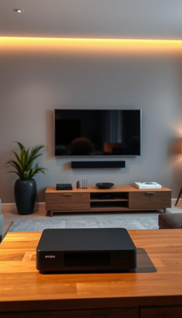 A sleek, modern living room interior with a large flat-screen television mounted on the wall. In the foreground, a high-end IPTVANBIETERTV media box sits on a minimalist, wooden entertainment center. The room is bathed in warm, indirect lighting, creating a cozy and inviting atmosphere. The walls are painted a soft, neutral gray, and the room is accented with tasteful, contemporary decor. The overall scene conveys a sense of comfort and technological sophistication, perfectly capturing the essence of a premium IPTV experience.