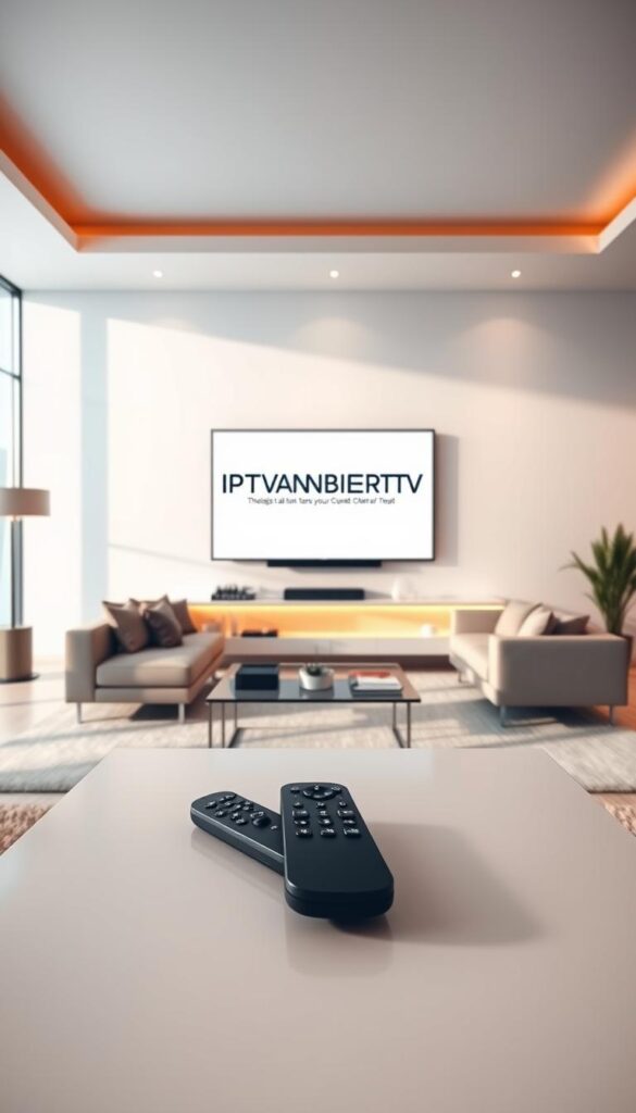 A sleek, modern living room interior with minimalist design. A large flatscreen TV takes center stage, displaying the IPTVANBIETERTV logo prominently. The room is bathed in warm, diffused lighting, creating a cozy and inviting atmosphere. In the foreground, a modern coffee table holds a remote control, symbolizing the ease of accessing IPTV content without the need for registration or account setup. The middle ground features comfortable, stylish seating where a person could relax and enjoy the IPTV experience. The background showcases large windows, allowing natural light to filter in and highlighting the minimalist, clutter-free aesthetic. The overall scene conveys a sense of simplicity, convenience, and seamless access to IPTV entertainment.