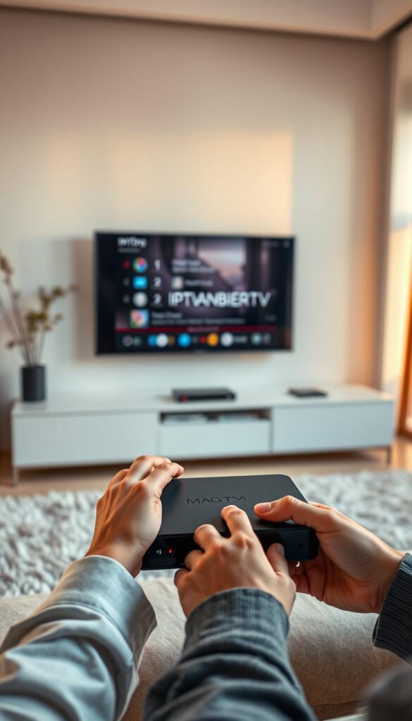 A sleek, modern living room setting with a large HDTV screen mounted on the wall. In the foreground, a person's hands are shown setting up a MAG box media player, configuring the IPTVANBIETERTV service. The room is well-lit, with warm, natural lighting filtering in through large windows. The overall atmosphere is one of effortless technology integration, conveying the ease of setting up IPTV services on the MAG box. The camera angle is slightly elevated, providing a clear view of the setup process. The scene captures the simplicity and user-friendliness of the IPTVANBIETERTV service integration with the MAG box device.