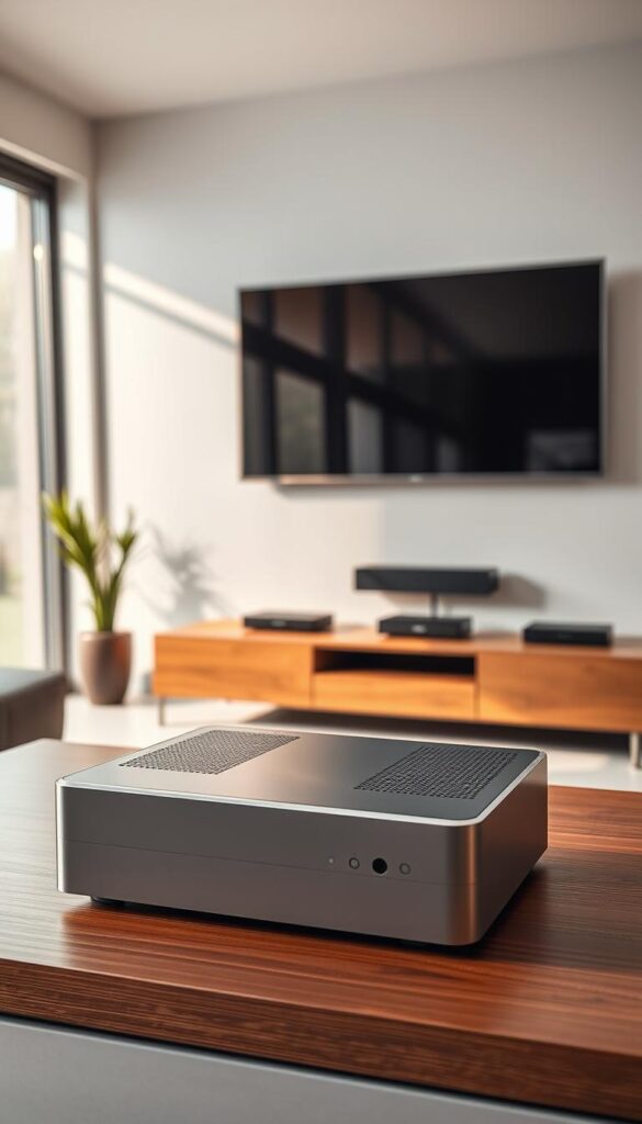 A sleek, modern living room setting with a sophisticated entertainment system. In the foreground, a state-of-the-art IPTVANBIETERTV streaming device sits prominently on a minimalist, wooden media console. The device is silver and black, with clean lines and a slim profile, conveying a sense of advanced technology. The middle ground features a large, high-definition flat-screen TV mounted on the wall, casting a warm, ambient glow. In the background, large windows allow natural light to filter in, creating a bright and airy atmosphere. The overall scene suggests a seamless, immersive viewing experience for the discerning IPTV user.