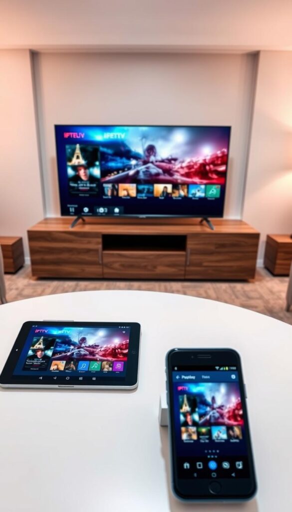 A sleek, modern living room setting with multiple digital devices showcasing the IPTVANBIETERTV service on their screens. In the foreground, a high-end smart TV displays a vibrant, cinematic IPTV interface. On a nearby coffee table, a tablet and smartphone also depict the IPTVANBIETERTV user experience, seamlessly integrated across devices. The room is bathed in warm, diffused lighting, creating a cozy, inviting atmosphere. The layout emphasizes the convenience and flexibility of IPTV, allowing users to enjoy premium content on their preferred screens. The overall scene conveys a sense of seamless technology integration and premium entertainment at home.