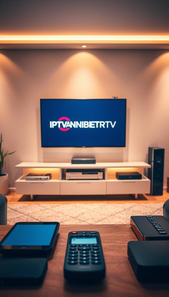 A sleek, modern living room setup with a large flatscreen TV prominently displayed. The TV screen shows the IPTVANBIETERTV logo, indicating a seamless integration of the IPTV service across various devices. The room is bathed in warm, ambient lighting, creating a cozy, inviting atmosphere. In the foreground, a range of devices such as a smartphone, tablet, and remote control are neatly arranged, showcasing the compatibility and flexibility of the IPTVANBIETERTV platform. The middle ground features a well-organized media center, hinting at the comprehensive content library available through the service. The background subtly suggests a stylish, minimalist interior design, complementing the overall elegant and sophisticated presentation of the IPTVANBIETERTV ecosystem.