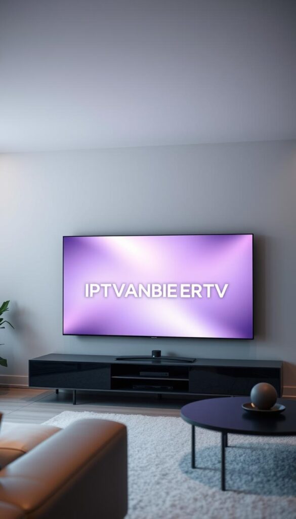 A sleek, modern living room with a Samsung Smart TV prominently displayed. The TV screen showcases the IPTVANBIETERTV logo, shimmering with a premium, high-tech aesthetic. Soft, indirect lighting illuminates the scene, creating a sophisticated and inviting atmosphere. The room features minimalist, elegant furnishings in muted tones, conveying a sense of luxury and refinement. The overall composition emphasizes the seamless integration of the IPTVANBIETERTV service with the Samsung Smart TV, highlighting its position as the leading IPTV provider in Germany.