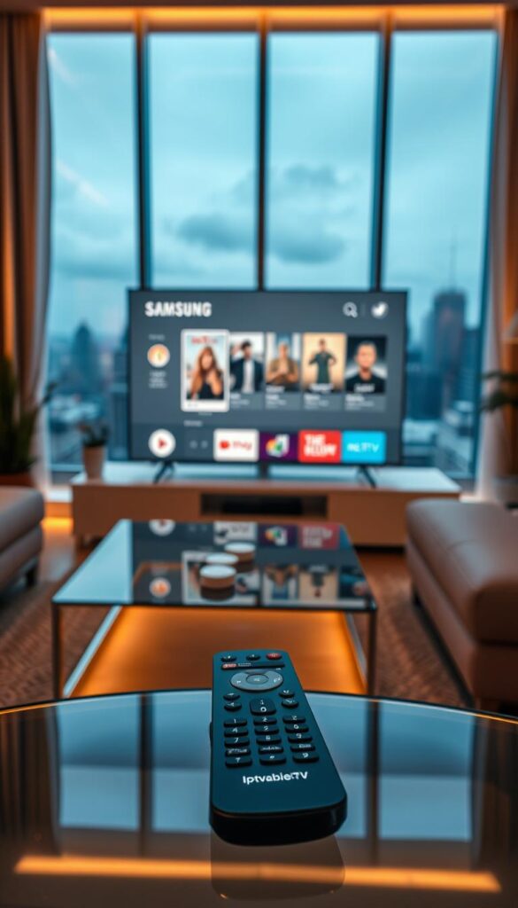 A sleek, modern living room with a Samsung Smart TV prominently displayed. The room is bathed in warm, ambient lighting, creating a cozy and inviting atmosphere. In the foreground, a high-quality, minimalist remote control with the IPTVANBIETERTV logo is placed on a glass coffee table. The middle ground features a clean, stylized UI for the IPTVANBIETERTV service, showcasing its user-friendly interface and a selection of entertainment content. In the background, a large window overlooking a city skyline provides a sense of urban sophistication. The overall scene conveys the seamless integration of IPTVANBIETERTV's services with the Samsung Smart TV, highlighting the convenience and quality of the IPTV experience.