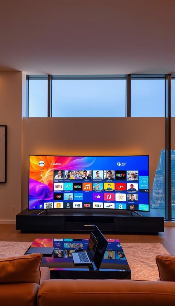 A sleek, modern living room with a large, curved OLED TV displaying a vibrant array of international channels, showcasing the diverse offerings of IPTVANBIETERTV. The room is bathed in warm, ambient lighting, creating a cozy, inviting atmosphere. On the coffee table, a remote control and a laptop or tablet, hinting at the seamless integration of IPTV technology. The walls are adorned with minimalist artwork, complementing the clean, elegant design of the space. Through the large windows, a glimpse of a cosmopolitan cityscape can be seen, underscoring the global reach and appeal of the IPTV service.