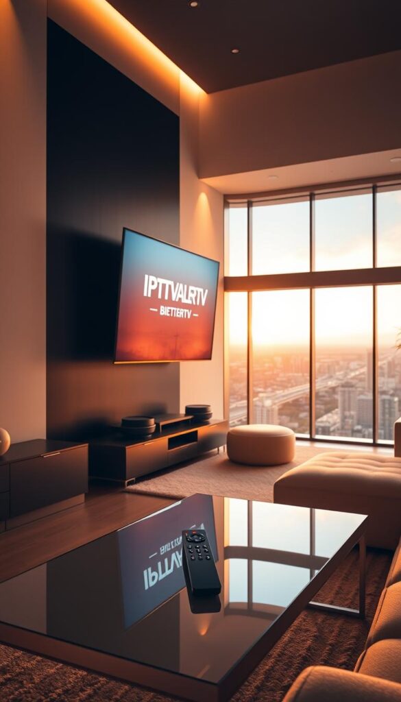 A sleek, modern living room with a large, curved OLED TV mounted on the wall. The room is bathed in warm, soft lighting, creating a cozy and inviting atmosphere. On the screen, the IPTVANBIETERTV logo is prominently displayed, showcasing the high-quality video and audio experience. In the foreground, a remote control and a smart home device sit on a minimalist, glass-topped coffee table. The middle ground features comfortable, contemporary furniture, while the background reveals a panoramic view of a vibrant city skyline through large windows. The overall scene conveys the seamless integration of IPTV technology into a stylish, technologically-advanced living space.