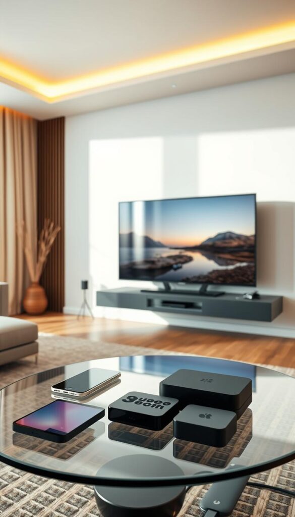 A sleek, modern living room with a large, curved OLED TV prominently displayed on a floating media console. The room is bathed in warm, diffused lighting, creating a cozy and inviting atmosphere. A variety of smart devices, including a smartphone, tablet, and streaming box, are arranged neatly on a glass coffee table, showcasing the multi-device compatibility of IPTVANBIETERTV. The devices are connected seamlessly, allowing for a seamless viewing experience across all platforms. The overall scene conveys the ease and convenience of using IPTVANBIETERTV on multiple devices in the comfort of one's home.