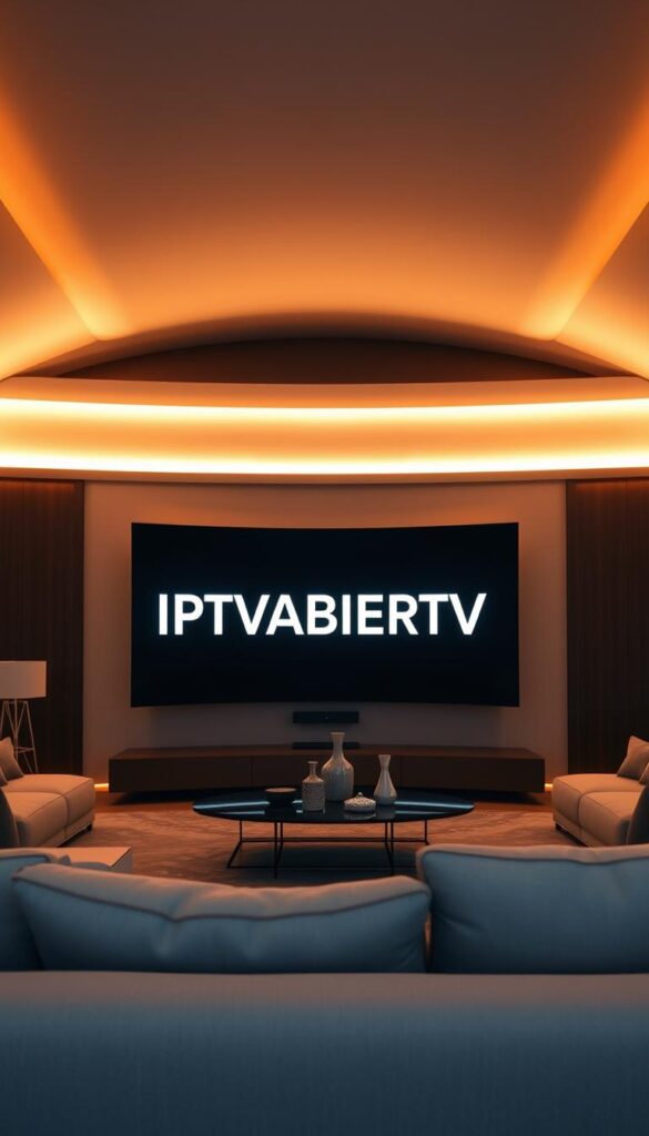 A sleek, modern living room with a large, curved OLED television displaying the IPTVANBIETERTV brand logo. The room is bathed in warm, ambient lighting, creating a cozy and inviting atmosphere. The television is the focal point, surrounded by minimalist furniture and accents in shades of gray and white. The overall impression is one of high-end sophistication and technological prowess, reflecting the quality and reliability of the IPTVANBIETERTV service.