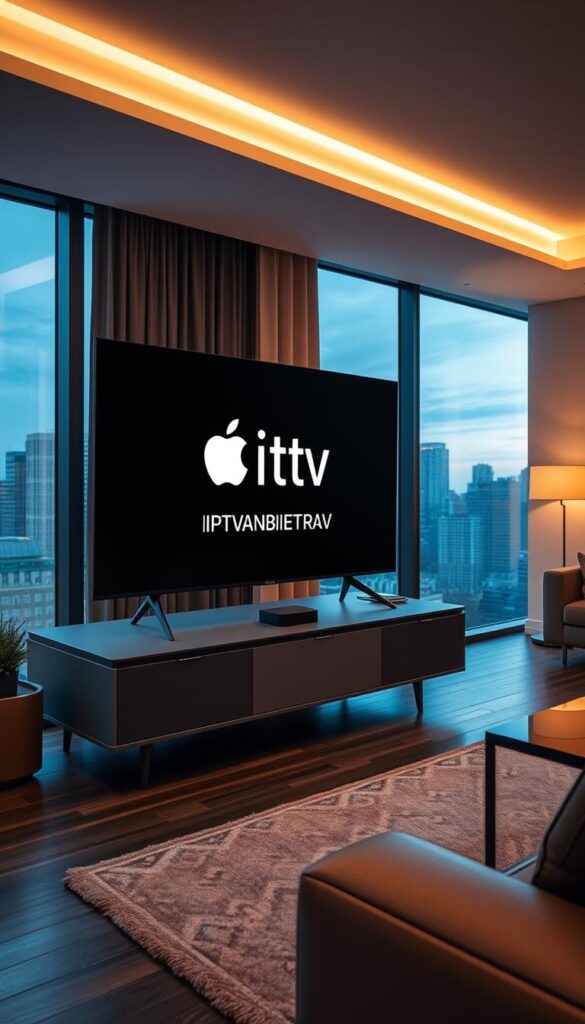 A sleek, modern living room with a large, flat-screen Apple TV on a stylish, minimalist entertainment unit. The room is bathed in warm, ambient lighting, creating a cozy and inviting atmosphere. On the screen of the Apple TV, the IPTVANBIETERTV logo is prominently displayed, indicating the setup process for IPTV on this device. The room is decorated with tasteful, contemporary furnishings, and large windows provide a view of a city skyline in the background, adding depth and dimension to the scene.