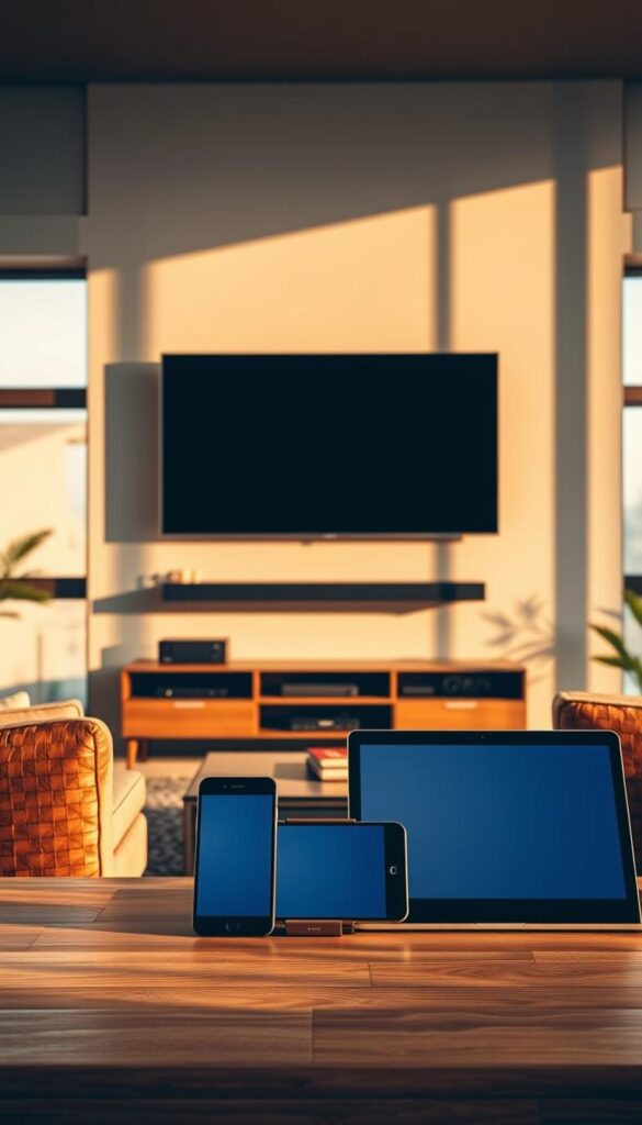 A sleek, modern living room with a large flat-screen TV mounted on the wall. In the foreground, various electronic devices such as a smartphone, tablet, and laptop are displayed, all seamlessly connected to the IPTVANBIETERTV service. The room is bathed in warm, natural lighting from large windows, creating a cozy and inviting atmosphere. The devices showcase the versatility and convenience of the IPTV service, allowing users to enjoy their favorite content on multiple devices throughout the home. The overall scene conveys a sense of technology, entertainment, and the ability to access IPTV on a variety of platforms.