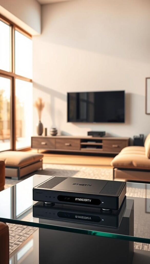 A sleek, modern living room with a large flat-screen TV mounted on the wall. In the foreground, a high-quality IPTV streaming device labeled "IPTVANBIETERTV" sits on a minimalist glass coffee table. The room is bathed in warm, natural lighting filtering in through large windows, creating a cozy and inviting atmosphere. The walls are adorned with minimalist artwork, and a plush, L-shaped sofa occupies the middle ground. The background showcases a stylish, contemporary interior design with subtle German influences. The scene conveys a sense of effortless entertainment and seamless digital media consumption.