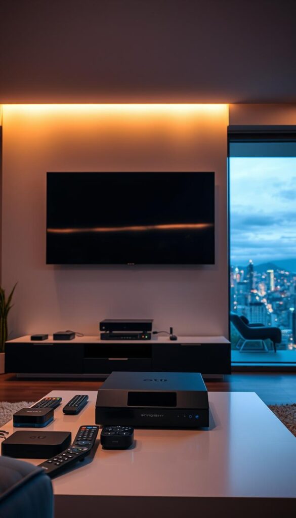 A sleek, modern living room with a large flat-screen TV mounted on the wall. In the foreground, a high-end IPTVANBIETERTV device sits atop a minimalist entertainment center, surrounded by various remote controls and streaming devices. The room is bathed in warm, soft lighting, creating a cozy and inviting atmosphere. In the background, large windows offer a panoramic view of a vibrant city skyline, hinting at the seamless integration of IPTV technology into the user's daily life. The overall scene conveys a sense of technological sophistication and the convenience of IPTV Geräteunterstützung.