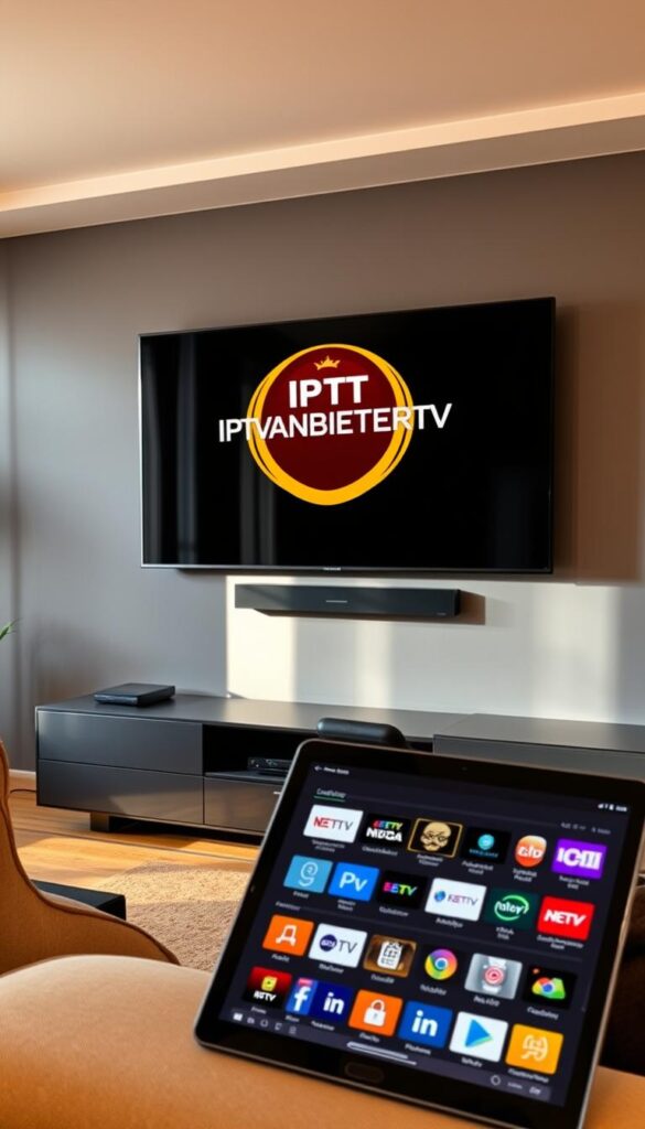 A sleek, modern living room with a large flat-screen TV mounted on the wall. On the TV screen, the IPTVANBIETERTV logo is prominently displayed, indicating a selection of legal IPTV service options. In the foreground, a laptop or tablet is open, showcasing various IPTV streaming apps and services. The room is bathed in warm, natural lighting, creating a cozy and inviting atmosphere. The overall scene conveys the idea of a user-friendly, accessible, and legitimate way to enjoy a wide range of IPTV content without the need for costly subscriptions or illegal services.