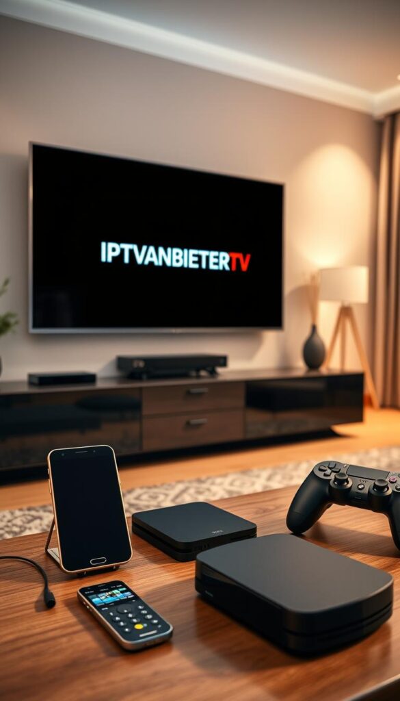 A sleek, modern living room with a large flat-screen TV mounted on the wall. On the TV screen, the IPTVANBIETERTV logo is prominently displayed, showcasing its multi-device support. In the foreground, a variety of devices such as a smartphone, tablet, and gaming console are arranged, all connected to the IPTVANBIETERTV service. The room is well-lit with warm, diffused lighting, creating a cozy and inviting atmosphere. The background features minimalist decor, emphasizing the technology-focused nature of the scene. The overall composition conveys the seamless integration of IPTVANBIETERTV across multiple devices, reflecting the "Multigeräte-Unterstützung" section of the article.