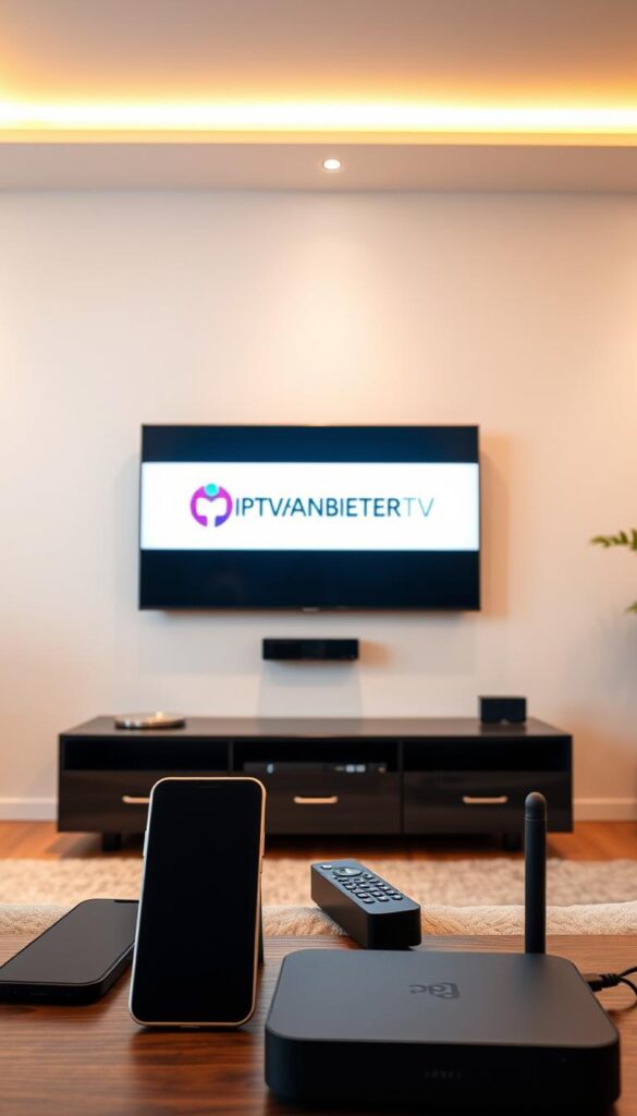 A sleek, modern living room with a large flat-screen TV mounted on the wall. On the screen, the IPTVANBIETERTV logo is prominently displayed, indicating the IPTV service being used. In the foreground, various devices like a smartphone, tablet, and streaming box are arranged, showcasing the compatibility and versatility of the IPTV service. The lighting is warm and inviting, creating a cozy atmosphere. The room is minimalist in design, with clean lines and neutral tones, allowing the technology to take center stage. The angle of the shot captures the entire scene, highlighting the seamless integration of the IPTV service across multiple devices.