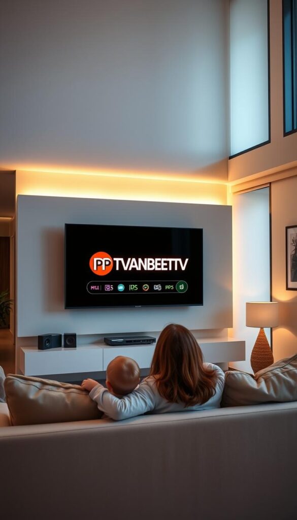 A sleek, modern living room with a large flat-screen TV mounted on the wall. The TV screen displays the IPTVANBIETERTV logo, showcasing its parental control features. In the foreground, a parent and child sit comfortably on a plush sofa, watching the TV together. The room is well-lit, with warm, ambient lighting and large windows that let in natural light. The walls are adorned with minimalist, family-friendly artwork. The overall scene conveys a sense of security, comfort, and the ability to enjoy television content safely as a family.