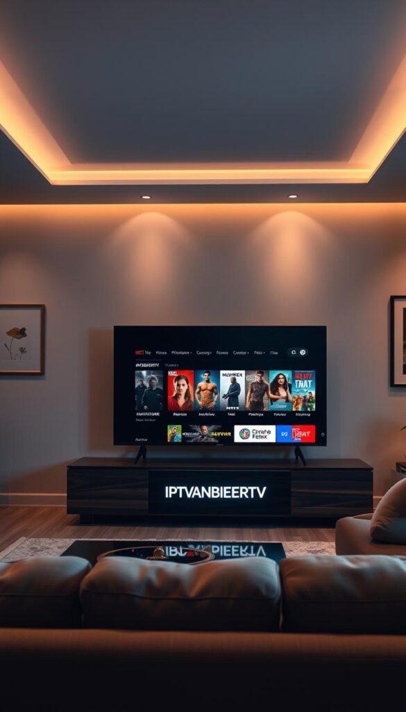A sleek, modern living room with a large flat-screen TV prominently displayed. In the foreground, a high-end media center console in dark wood tones features the IPTVANBIETERTV logo. On the screen, a selection of popular movie titles and genres are shown, hinting at the extensive library of content available. The room is bathed in warm, indirect lighting, creating a cozy and inviting atmosphere. The walls are adorned with minimalist art pieces, and a large, plush sofa invites viewers to relax and enjoy the entertainment. The overall scene conveys a sense of luxury, technology, and the convenience of accessing a wide range of films at the viewer's fingertips.