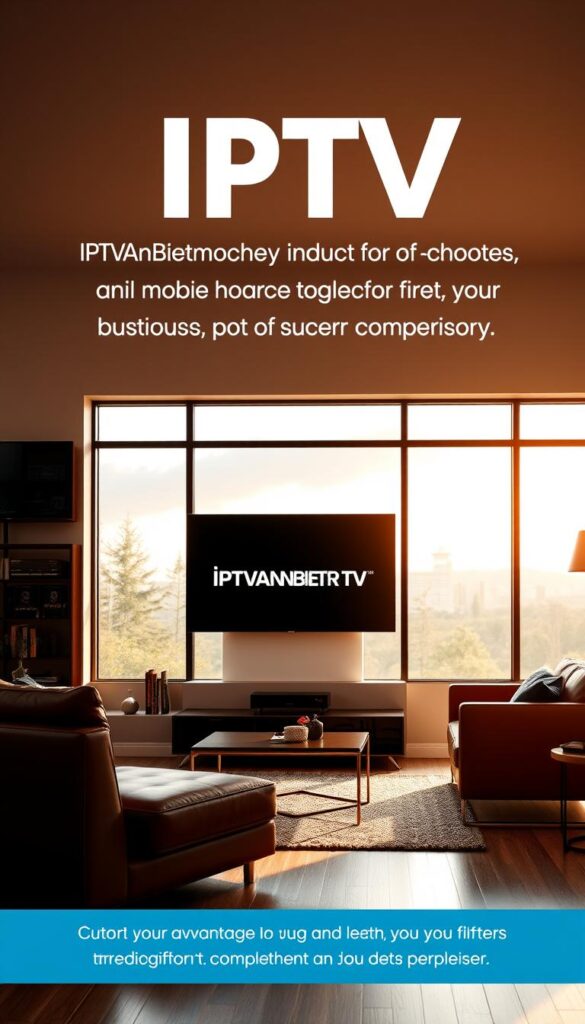 A sleek, modern living room with a large, flat-screen TV prominently displayed. The TV screen displays the IPTVANBIETERTV logo in a clean, minimalist design. The room is bathed in warm, natural lighting from large windows, casting a cozy, inviting atmosphere. The furniture is contemporary and stylish, complementing the high-tech feel of the space. The overall scene conveys the advantages of IPTV over traditional TV services, with the emphasis on the superior technology and user experience. A sleek, modern living room with a large, flat-screen TV prominently displayed. The TV screen displays the IPTVANBIETERTV logo in a clean, minimalist design. The room is bathed in warm, natural lighting from large windows, casting a cozy, inviting atmosphere. The furniture is contemporary and stylish, complementing the high-tech feel of the space. The overall scene conveys the advantages of IPTV over traditional TV services, with the emphasis on the superior technology and user experience.