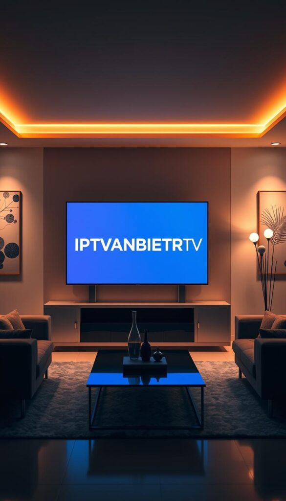 A sleek, modern living room with a large, flat-screen television displaying the IPTVANBIETERTV logo prominently in the center. The room is bathed in warm, ambient lighting, creating a cozy and inviting atmosphere. The television is flanked by contemporary, minimalist furniture, and the walls are adorned with abstract artwork that complements the overall aesthetic. The scene conveys a sense of sophistication and technological advancement, reflecting the high-quality IPTV service being promoted.
