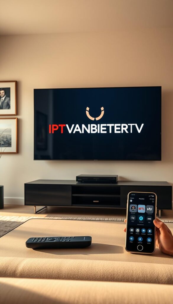 A sleek, modern living room with a large flat-screen television displaying the IPTVANBIETERTV logo. The room is bathed in warm, diffused lighting, creating a cozy and inviting atmosphere. On the coffee table, a remote control and a smart device showcasing the IPTVANBIETERTV app interface, highlighting its user-friendly features and seamless streaming capabilities. The walls are adorned with minimalist artwork, complementing the sophisticated, tech-forward ambiance. Through the windows, a cityscape is visible, suggesting the global reach and accessibility of the IPTVANBIETERTV service. The scene conveys a sense of effortless entertainment and reliable, uninterrupted streaming for the discerning viewer.
