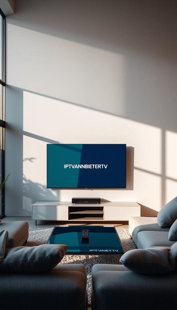 A sleek, modern living room with a large flat-screen television displaying the IPTVANBIETERTV logo in a minimalist, high-contrast design. The room is filled with natural light streaming through large windows, casting a warm, inviting glow. Plush, comfortable seating in neutral tones complements the minimalist aesthetic. A coffee table displays a remote control, symbolizing the ease and convenience of IPTV without contract. The overall atmosphere conveys a sense of freedom, flexibility, and seamless entertainment.