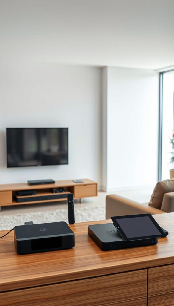 A sleek, modern living room with a large flat-screen television mounted on the wall. In the foreground, an assortment of IPTVANBIETERTV-compatible devices, including a smart TV, a streaming box, and a tablet, all arranged neatly on a minimalist wooden entertainment center. The middle ground features a cozy, neutral-toned sofa and armchair, inviting viewers to relax and enjoy their IPTV experience. The background showcases a clean, bright space with large windows, allowing natural light to flood the room and create a warm, welcoming atmosphere. The overall scene conveys a sense of technological integration and effortless connectivity, highlighting the compatibility and versatility of IPTVANBIETERTV's services across a range of modern devices.