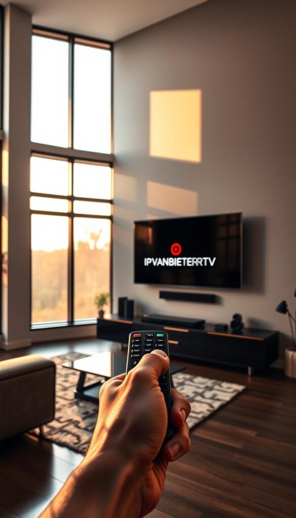 A sleek, modern living room with a large, flat-screen television mounted on the wall. The room is bathed in warm, natural lighting from large windows, casting a cozy, inviting atmosphere. In the foreground, a hand holds a remote control, symbolizing the ease of accessing IPTV content without registration. The IPTVANBIETERTV logo is subtly displayed on the television screen, showcasing the provider. The overall scene conveys the convenience and freedom of IPTV streaming for German users.