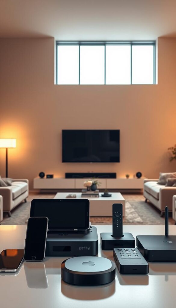 A sleek, modern living room with a large flat-screen television prominently displayed. The room is bathed in warm, soft lighting, creating a cozy and inviting atmosphere. In the foreground, a range of smart devices, such as smartphones, tablets, and streaming boxes, are arranged neatly, showcasing the seamless multi-device support of IPTVANBIETERTV. The devices are connected to the television, demonstrating the ease of accessing IPTV content across various platforms. The middle ground features a minimalist, contemporary furniture set, complementing the overall aesthetic. The background includes large windows, allowing natural light to filter in and further enhance the sense of openness and connectivity. The scene conveys the versatility and user-friendly nature of the IPTVANBIETERTV service, catering to the modern, tech-savvy household.