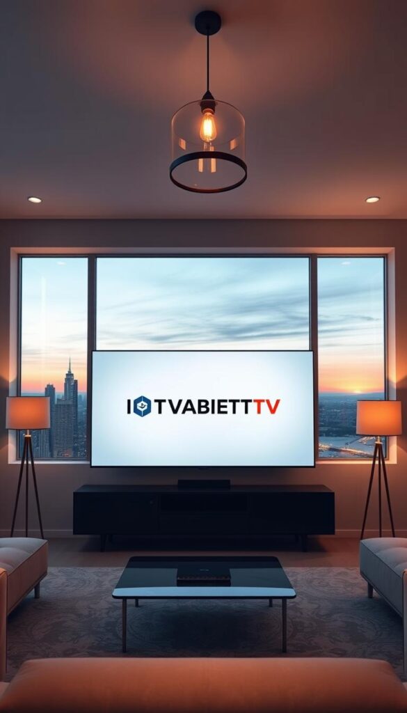 A sleek, modern living room with a large flatscreen TV displaying the IPTVANBIETERTV brand logo. Soft, ambient lighting from floor lamps and a stylish pendant fixture creates a cozy, inviting atmosphere. The room is minimalist in design, with clean lines and neutral colors, allowing the TV to be the focal point. Through the windows, a scenic view of a city skyline at dusk is visible, hinting at the ability to access a wide variety of digital content. The overall impression is one of sophistication, convenience, and the future of home entertainment.