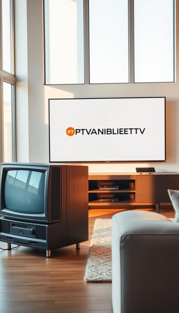 A sleek, modern living room with a large, flatscreen TV displaying the IPTVANBIETERTV logo prominently on the screen. Next to it, an older, boxy television set representing traditional cable or satellite TV. The room is bathed in warm, natural lighting from large windows, creating a cozy and inviting atmosphere. The contrast between the two television sets visually represents the differences between IPTV and traditional television, highlighting the flexibility and convenience of IPTV. The scene is captured from a slightly elevated angle, giving a sense of balance and harmony between the two components.