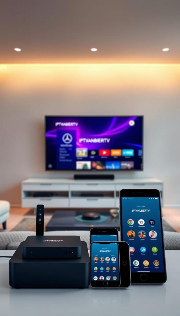 A sleek, modern living room with a large flatscreen TV mounted on the wall. In the foreground, a variety of devices - a smart TV, a streaming box, a smartphone, and a tablet - all connected and displaying the IPTVANBIETERTV user interface. The devices are arranged in a visually appealing composition, highlighting the seamless multi-device experience. Soft, indirect lighting creates a warm, inviting atmosphere. The room features minimalist, contemporary furniture and decor, reflecting a stylish, high-tech aesthetic. The overall scene conveys a sense of flexibility, connectivity, and the convenience of accessing IPTV content across various devices.