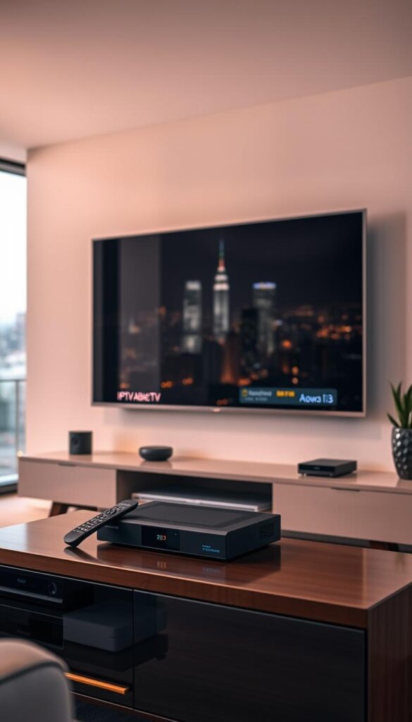 A sleek, modern living room with a large flatscreen TV mounted on the wall. In the foreground, a stylish media center cabinet houses an IPTVANBIETERTV set-top box, remote control, and other media equipment. The room is bathed in warm, diffused lighting, creating a cozy and inviting atmosphere. Outside the window, a cityscape with skyscrapers and twinkling lights can be seen in the distance. The overall scene conveys the convenience and entertainment value of an IPTV service with robust recording capabilities, allowing the viewer to easily access and manage their favorite shows.
