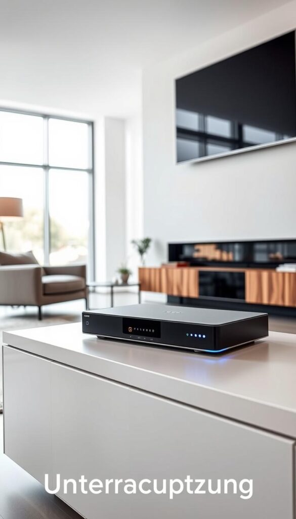 A sleek, modern living room with a large flatscreen TV mounted on the wall. In the foreground, a high-end IPTVANBIETERTV media box rests on a minimalist entertainment center, its streamlined design and glowing LED accents catching the eye. The middle ground features a comfortable sofa and armchair, their neutral tones complementing the room's sophisticated color palette of grays, whites, and warm wood tones. The background showcases large windows, allowing natural light to flood the space and create a bright, airy atmosphere. The scene conveys a sense of technological advancement and seamless media consumption, perfectly suited for the "Multigeräte-Unterstützung" section of the article.