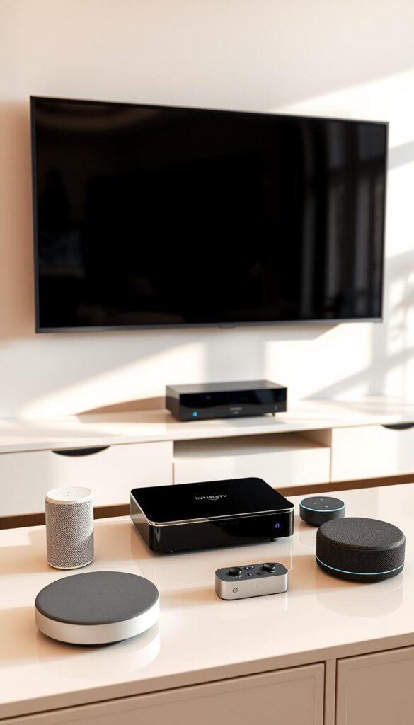 A sleek, modern living room with a large flatscreen TV mounted on the wall. The room is bathed in warm, natural lighting, and various streaming devices are prominently displayed on a minimalist media console. At the center is the IPTVANBIETERTV set-top box, its clean lines and glossy finish reflecting the refined aesthetic. Surrounding it are compatible smart home devices like a voice assistant, wireless speaker, and smart home hub, all seamlessly integrated for an optimized IPTV viewing experience. The overall scene conveys a sense of technological sophistication and attention to detail, setting the stage for high-quality, uninterrupted streaming.