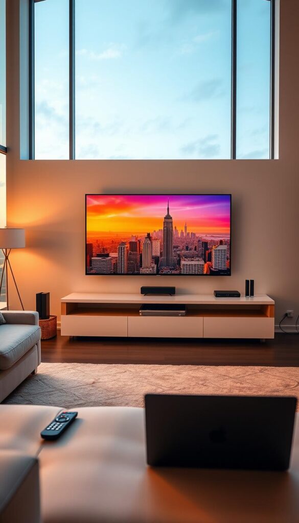 A sleek, modern living room with a large, high-definition flat-screen TV displaying crisp, vibrant IPTV streaming quality. The room is bathed in warm, soft lighting, creating a cozy, inviting atmosphere. The TV is prominently featured, surrounded by minimalist, elegant furniture and decor. In the foreground, a remote control and a laptop or tablet, representing the seamless integration of technology. In the background, a view of a city skyline through large windows, adding depth and a sense of connectivity. The overall scene conveys the premium, high-end experience of IPTVANBIETERTV's streaming services.