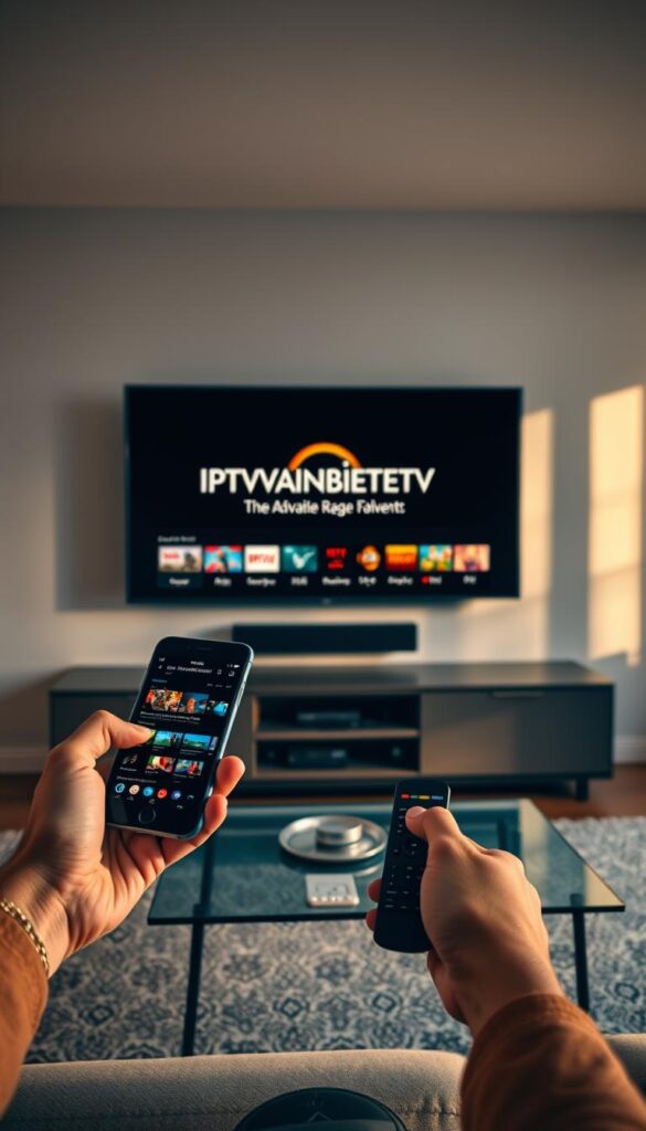 A sleek, modern living room with a large, high-definition flat-screen TV mounted on the wall. In the foreground, a person is holding a smartphone, tablet, and remote control, seamlessly accessing a variety of IPTV content across multiple devices. The room is bathed in warm, natural lighting, creating a cozy and inviting atmosphere. The IPTVANBIETERTV logo is prominently displayed on the TV screen, showcasing the advanced capabilities of this IPTV service provider.