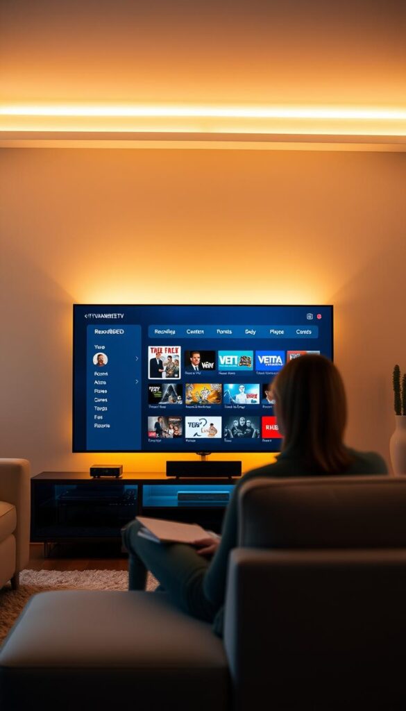 A sleek, modern living room with a large, high-definition television screen displaying the IPTVANBIETERTV interface. The room is bathed in warm, diffused lighting, creating a cozy and inviting atmosphere. On the screen, a user is navigating the intuitive on-screen menu, showcasing the recording and playback capabilities of the IPTVANBIETERTV service. The focus is on the television screen, capturing the user's interaction with the intuitive IPTVANBIETERTV interface, highlighting the ease of use and the wide range of content available for recording and later viewing.