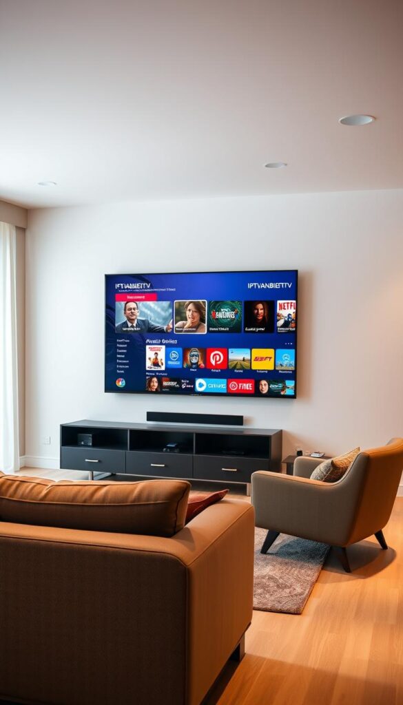 A sleek, modern living room with a large, high-definition television screen prominently displayed. The screen showcases a dynamic multi-device streaming interface, labeled "IPTVANBIETERTV", showcasing a range of content options across various devices. The room is bathed in warm, diffused lighting, creating a cozy and inviting atmosphere. In the foreground, a comfortable sofa and armchair are positioned to provide an optimal viewing experience. The middle ground features a minimalist entertainment unit, hinting at the seamless integration of streaming technology. The background subtly suggests a larger open-concept space, with hints of architectural details that complement the contemporary design. The overall scene conveys a sense of flexibility, connectivity, and the ease of accessing a wide range of media content across multiple devices.