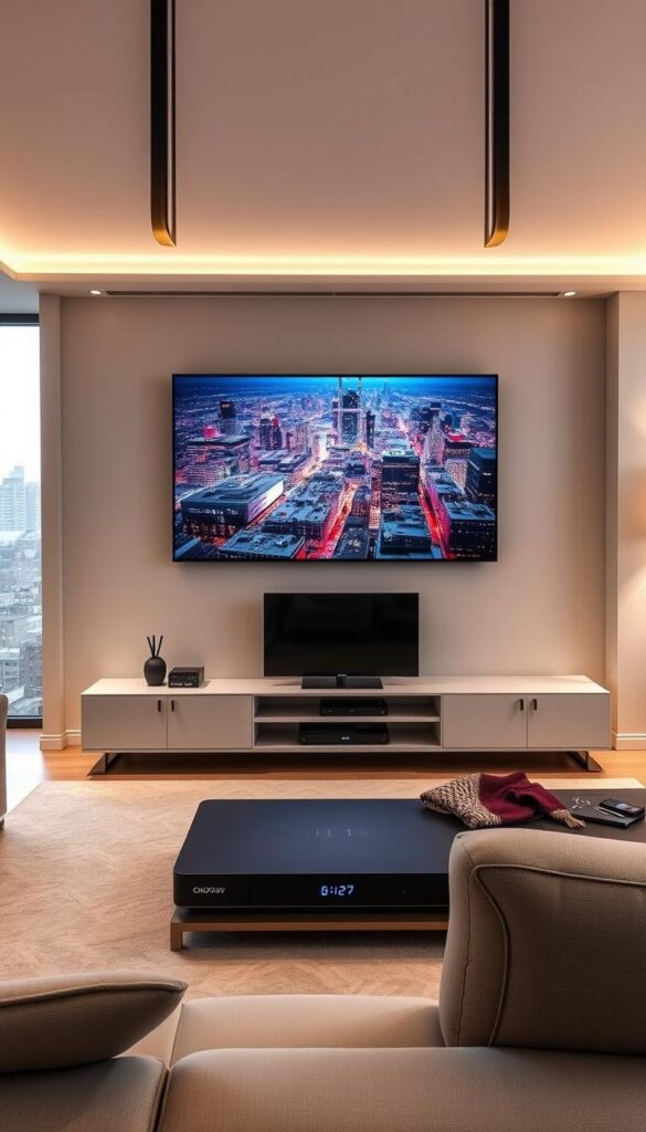 A sleek, modern living room with a large, state-of-the-art IPTV streaming setup. A minimalist entertainment center hosts a high-end IPTVANBIETERTV media device, connected to a sizable flatscreen TV displaying a vivid, immersive video stream. Soft, indirect lighting creates a cozy, inviting atmosphere, while large windows offer a glimpse of a vibrant cityscape outside. The room exudes a sense of technological sophistication and domestic comfort, showcasing the seamless integration of IPTV streaming into a contemporary home environment.