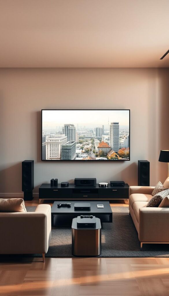 A sleek, modern living room with a large, state-of-the-art IPTVANBIETERTV display mounted on the wall. The room is bathed in warm, soft lighting, creating a cozy and inviting atmosphere. In the foreground, a comfortable sofa and armchair are arranged around a stylish coffee table, hinting at the living experience. The middle ground features a minimalist entertainment system, with various streaming devices and a high-end sound system. The background showcases a large window, allowing natural light to filter in and providing a view of a vibrant, urban cityscape outside, representing the technological advancements and connectivity of modern IPTV in Germany.