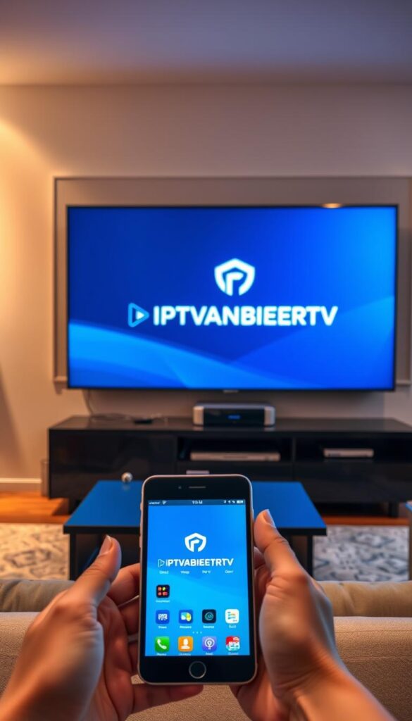 A sleek, modern living room with a large, state-of-the-art smart TV as the centerpiece. The TV displays the IPTVANBIETERTV logo, showcasing its seamless integration across various devices. In the foreground, a tablet and smartphone are positioned, both displaying the same IPTV content, demonstrating the multidevice capability. The room is bathed in warm, diffused lighting, creating a cozy, inviting atmosphere. The walls feature minimalist decor, allowing the technology to take center stage. The overall scene conveys the convenience and flexibility of IPTV, accessible from the comfort of one's home on multiple devices.