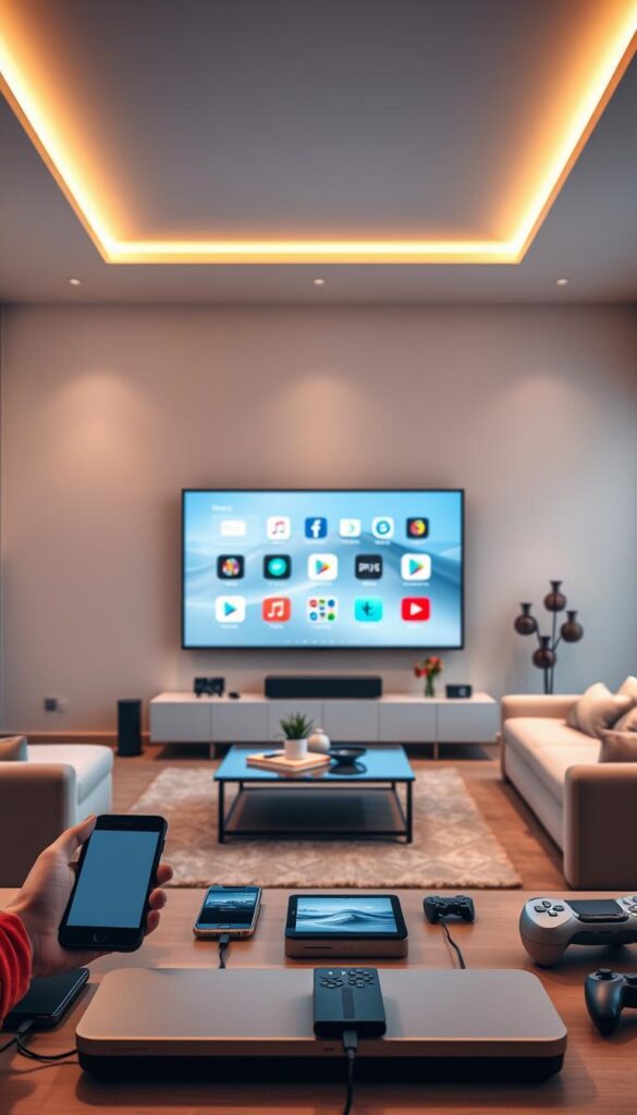 A sleek, modern living room with a large, state-of-the-art television display showcasing the IPTVANBIETERTV service. The room is bathed in warm, ambient lighting, creating a cozy and inviting atmosphere. In the foreground, various electronic devices such as smartphones, tablets, and gaming consoles are seamlessly connected to the IPTVANBIETERTV system, illustrating the robust multidevice support. The middle ground features a comfortable couch and other minimalist furniture, emphasizing the ease of use and integration of the IPTVANBIETERTV platform. The background showcases a stylish, minimalist decor, hinting at the clean and sophisticated user experience of the IPTVANBIETERTV service.