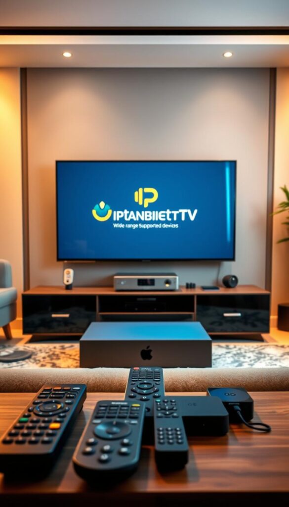 A sleek, modern living room with a large, state-of-the-art television prominently displayed. The TV showcases the IPTVANBIETERTV logo, hinting at the wide range of supported devices. The room is bathed in warm, soft lighting, creating a cozy and inviting atmosphere. In the foreground, various remote controls and streaming devices are neatly arranged, emphasizing the versatility of the IPTV provider's recording and playback capabilities. The middle ground features a minimalist entertainment system, seamlessly integrated into the stylish decor. The background hints at a lush, verdant outdoor view, suggesting the comfort and convenience of enjoying content from the comfort of one's home.