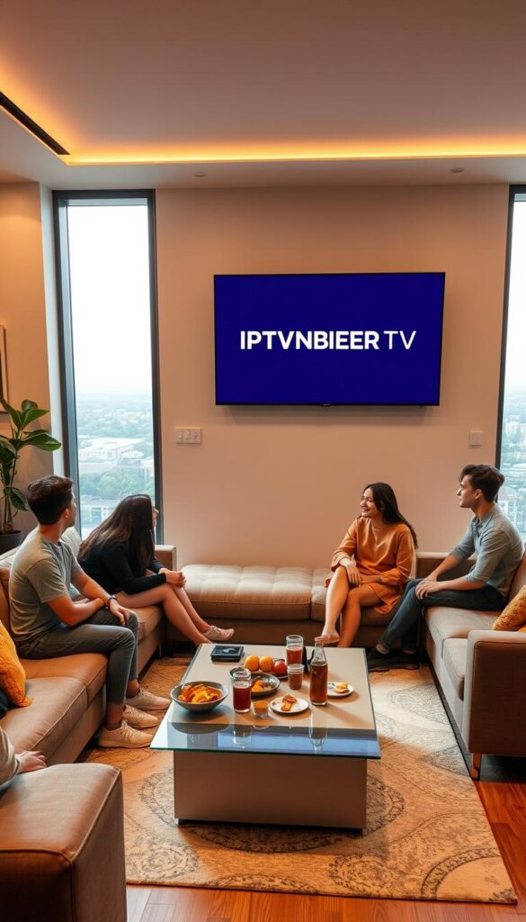 A sleek, modern living room with a large, wall-mounted TV displaying the IPTVANBIETERTV brand logo. The room is bathed in warm, soft lighting, creating a cozy and inviting atmosphere. In the foreground, a group of students are sitting on a plush, L-shaped couch, engaged in conversation and enjoying the IPTV experience. The middle ground features a stylish coffee table with various snacks and beverages, hinting at the affordability and convenience of the IPTV service for students. The background showcases a large window with a scenic cityscape, emphasizing the accessibility and versatility of the IPTV platform for on-the-go lifestyles.