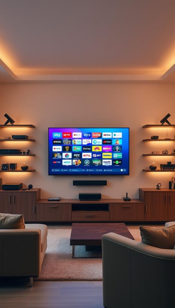 A sleek, modern living room with a large, wall-mounted flat-screen TV displaying a vibrant, diverse array of IPTVANBIETERTV channels. The room is bathed in warm, diffused lighting, creating a cozy and inviting atmosphere. The TV is flanked by stylish, minimalist shelving units filled with various media devices and accessories. The room features a plush, neutral-toned sofa and armchair, complemented by a low, wooden coffee table. The overall scene conveys a sense of comfort, entertainment, and the ability to access a wide range of high-quality IPTV content.