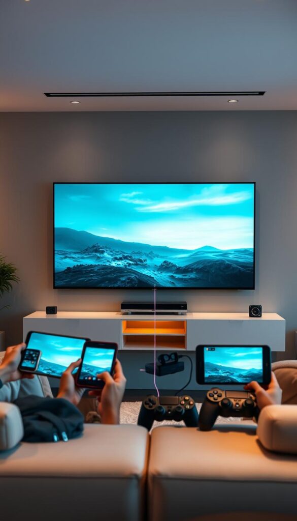 A sleek, modern living room with a large, wall-mounted flat-screen TV. Multiple devices, such as smartphones, tablets, and a gaming console, are seamlessly connected and mirroring the TV screen, showcasing the IPTVANBIETERTV's multidevice support. The room is well-lit, with a combination of ambient and directional lighting, creating a cozy and immersive atmosphere. The furniture is minimal and stylish, with clean lines and neutral tones, allowing the technology to take center stage. The overall impression is one of seamless integration, high-quality visuals, and a user-friendly, future-forward experience.